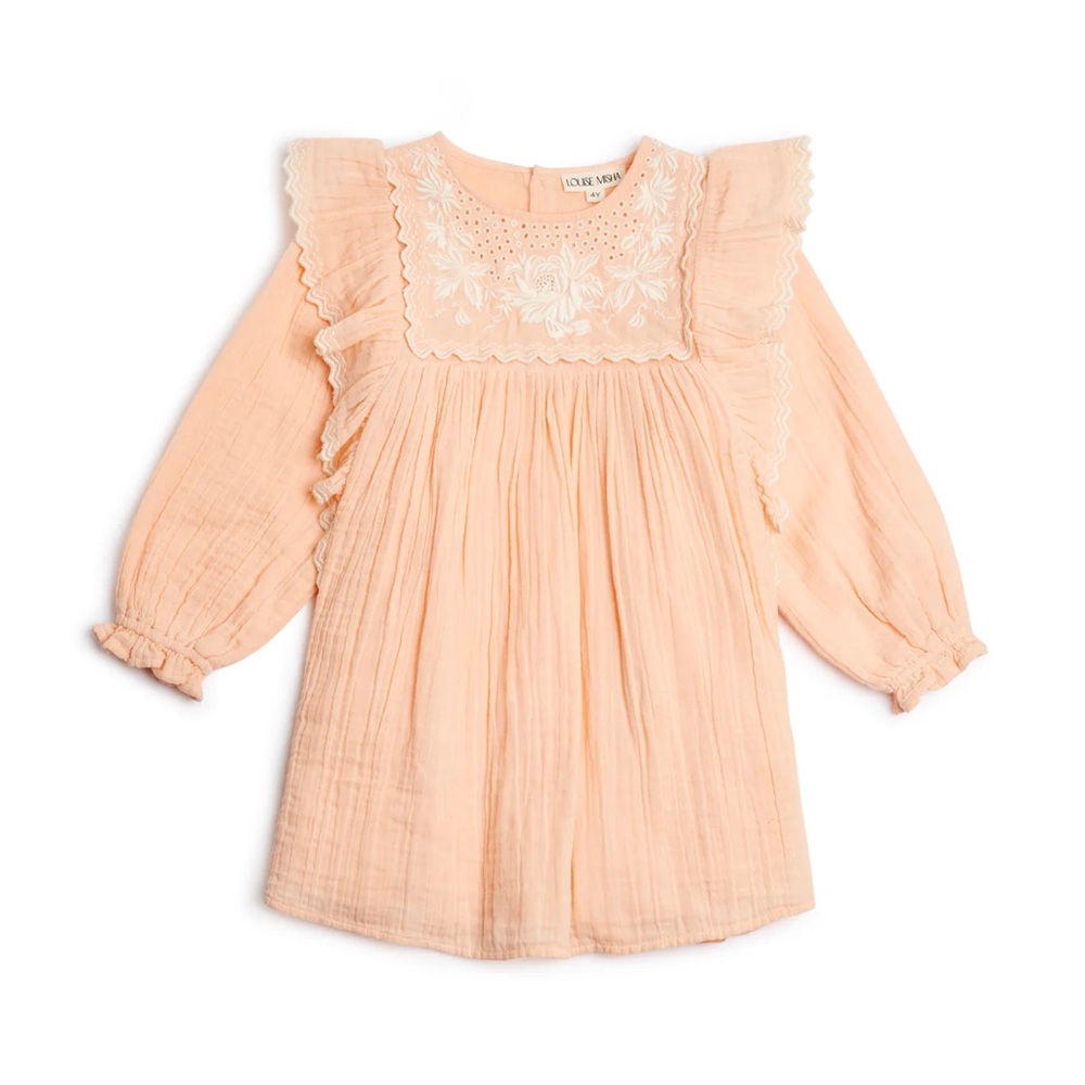 Louise Misha Toddler Girls Zohra Dress in Blush Pink Embroidered Ruffle, Size 4Y
